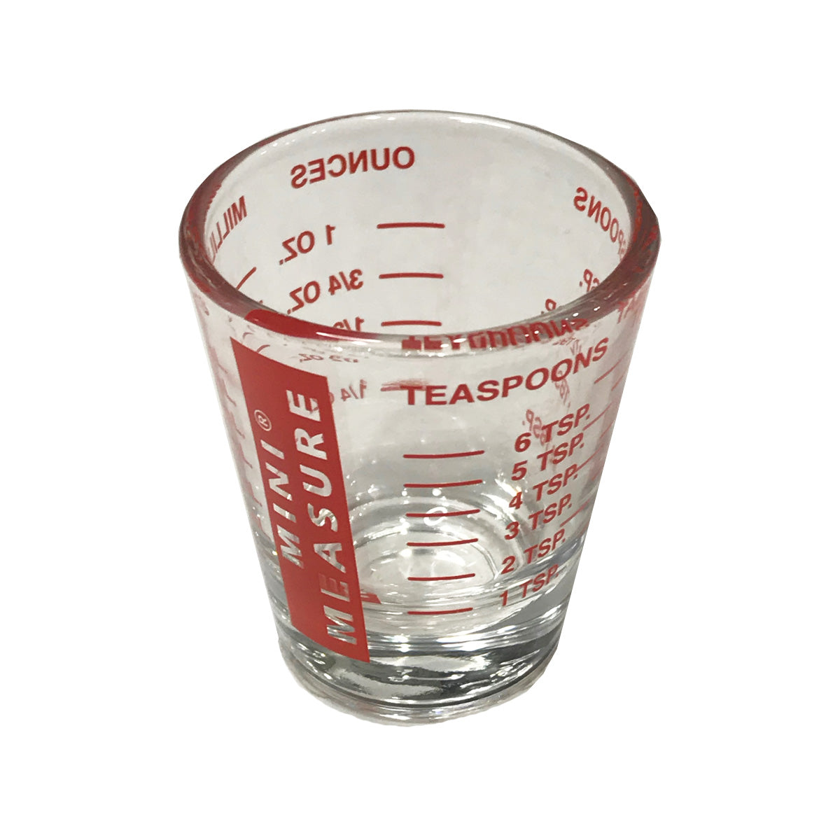 Mini Measure Shot Glass: English + Metric Measurements Clear w/Red