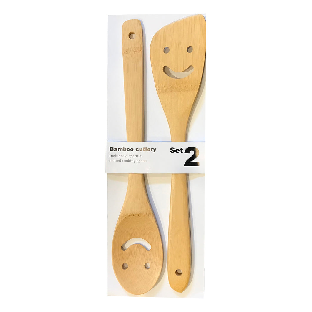 Happy face bamboo cutlery set of 2 spoon spatula time concepts
